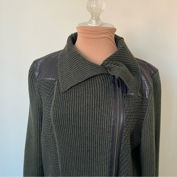 White+Warren Cotton Knit Army Green Black Quilted Leather Yoke Sweater Jacket M - Picture 6 of 9